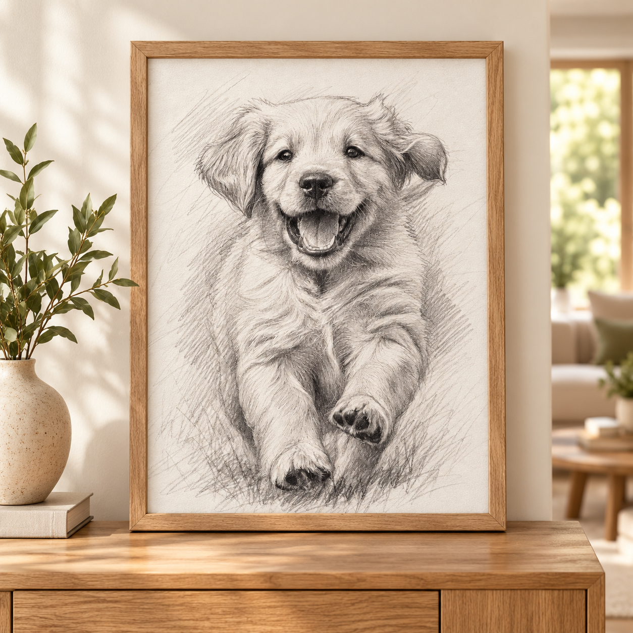 Framed pencil sketch portrait of a puppy